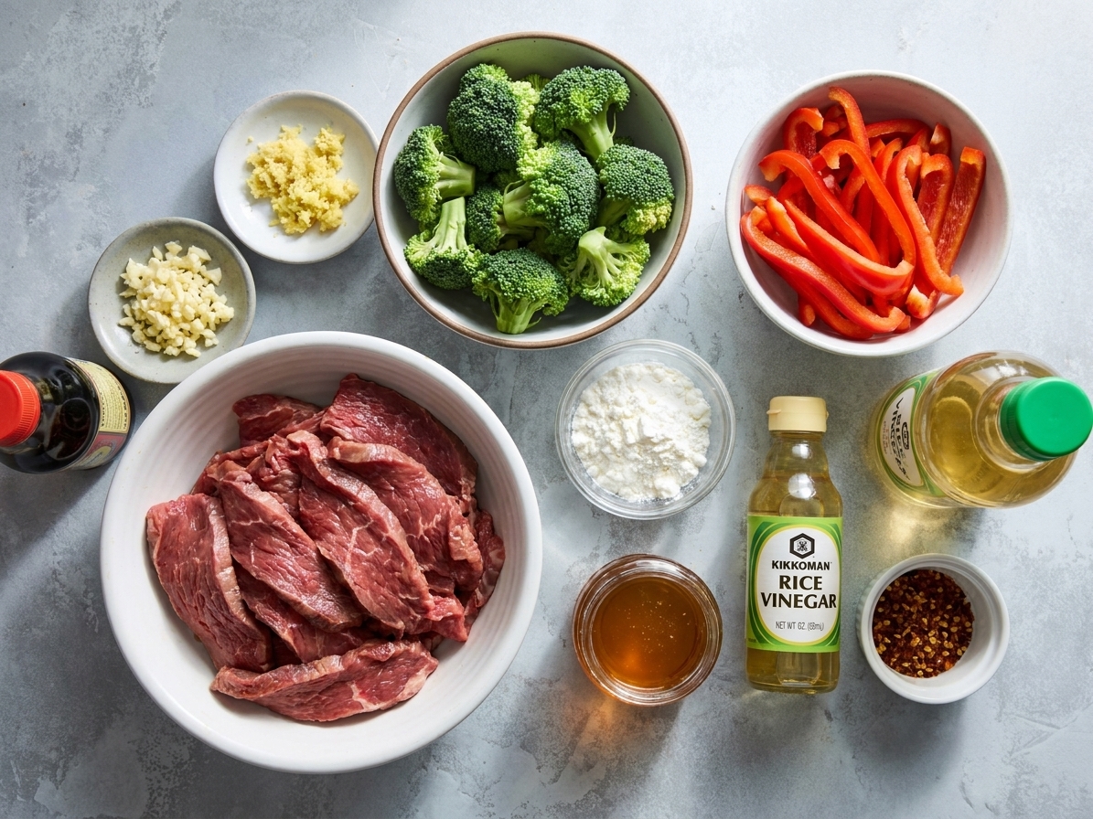 A kitchen counter with stir fry ingredients laid out: sliced flank steak, broccoli florets, red bell pepper strips, garlic, ginger, soy sauce, cornstarch, honey, rice vinegar, and chili flakes