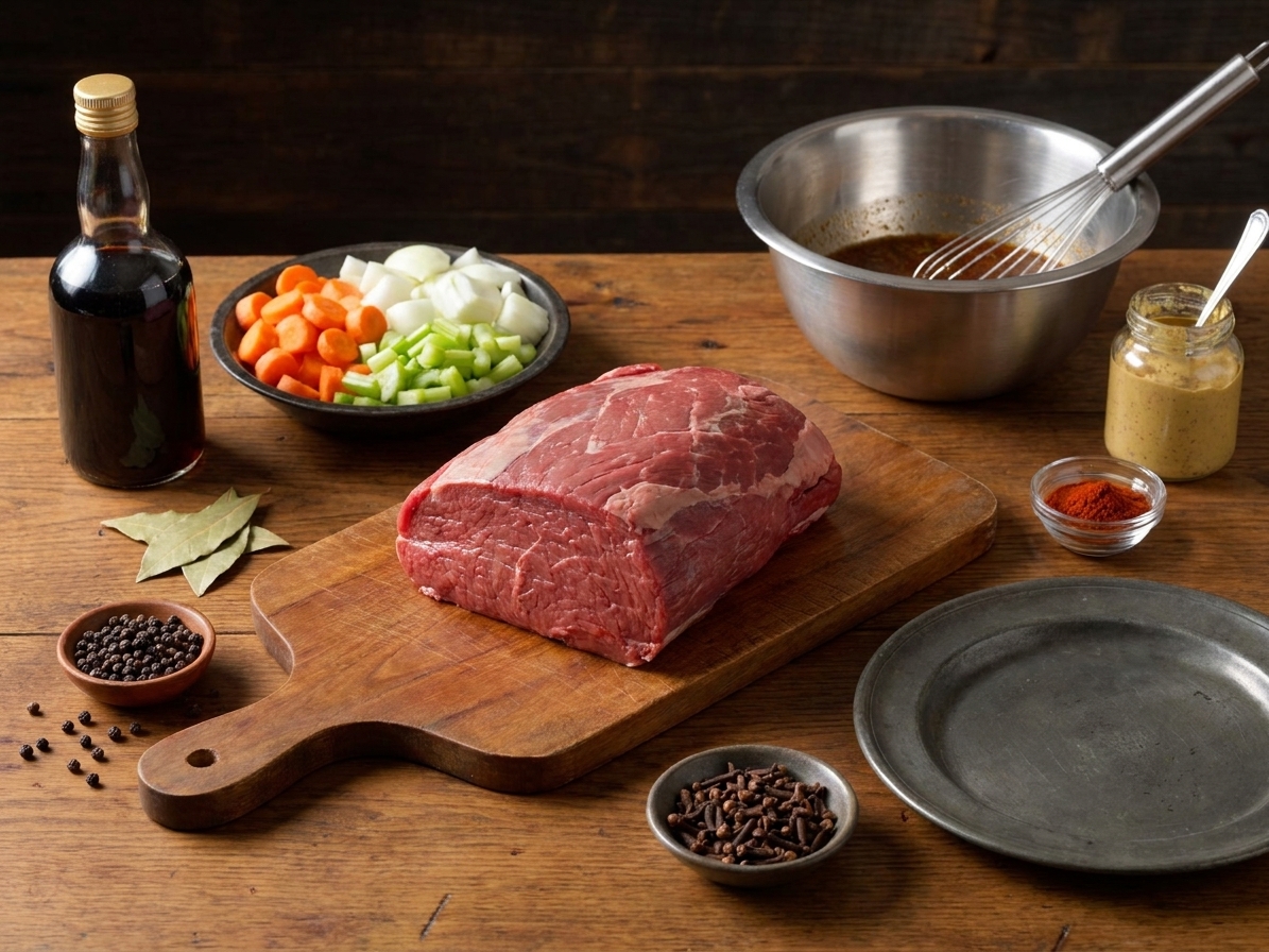 A kitchen counter with vinegar, onions, carrots, celery, bay leaves, peppercorns, cloves, mustard, smoked paprika, and a beef roast ready for marinating