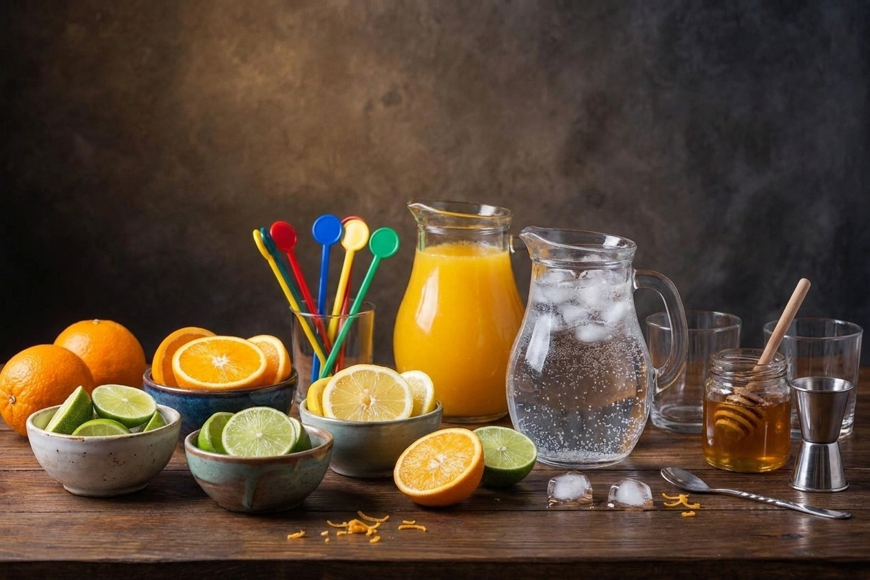 A kitchen table set with small bowls of citrus slices, cups of sparkling water, orange juice, and colorful stir sticks ready for a build-your-own mocktail