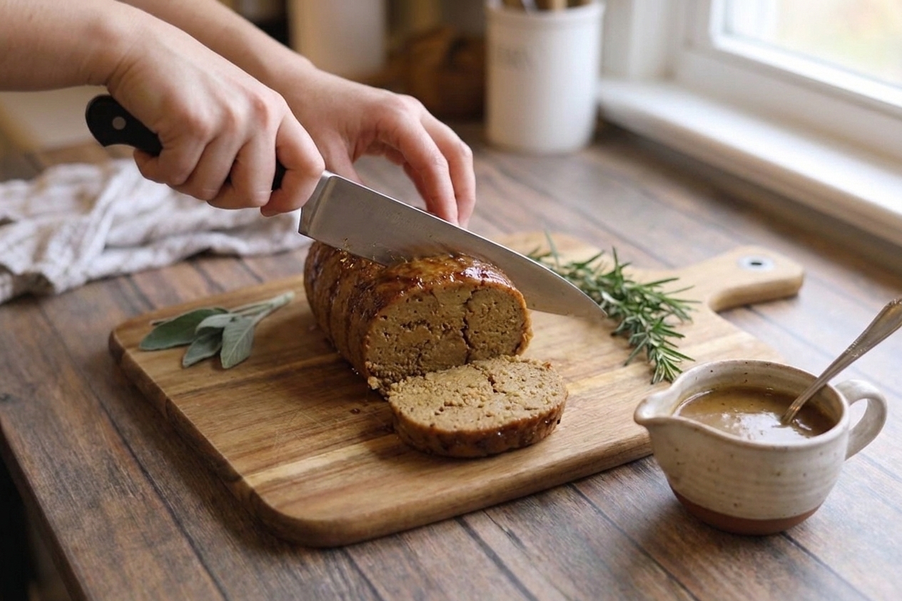 A knife slicing into a golden vegan turkey roast on a cutting board with gravy nearby