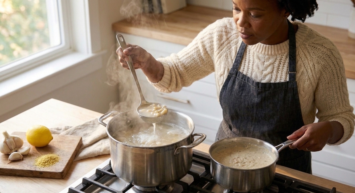 A ladle lifting starchy pasta water from a pot on the stove next to a saucepan of creamy dairy-free sauce