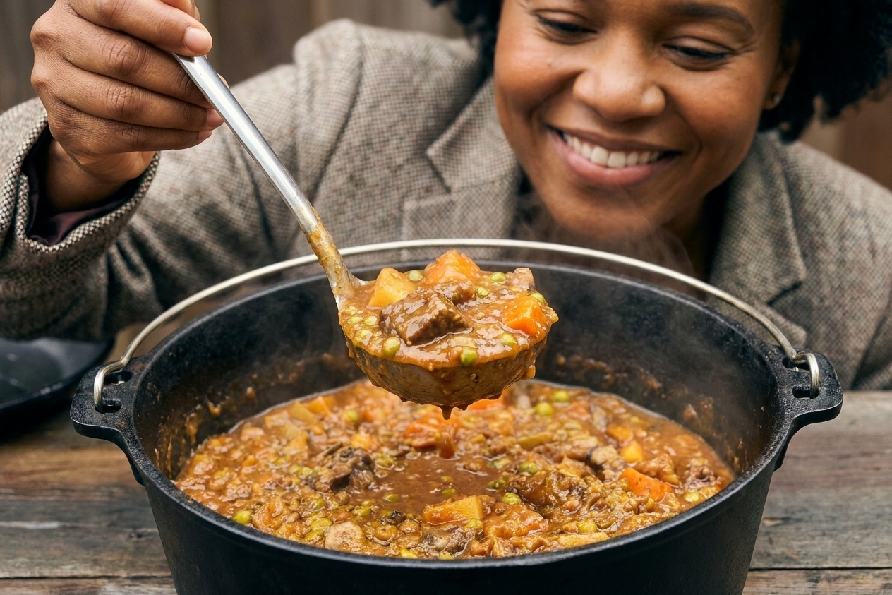 A ladle lifting thick beef stew showing a rich gravy coating chunks of beef and vegetables