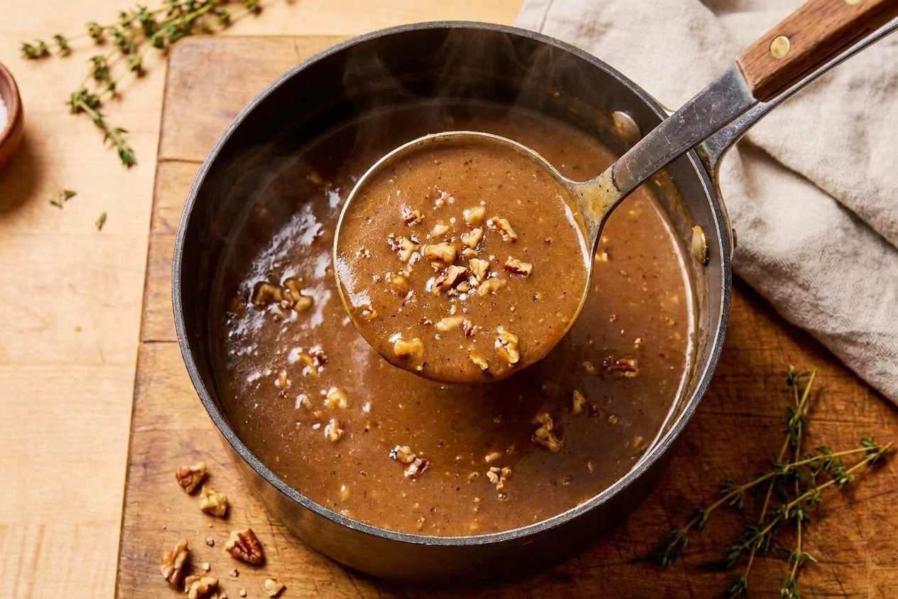 A ladle lifting thick brown gravy from a saucepan with visible specks of toasted nuts