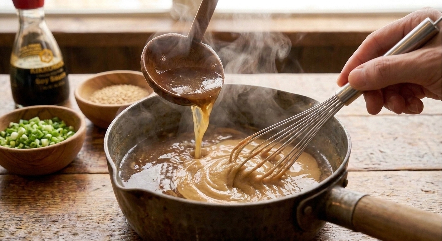 A ladle of hot ramen broth being whisked with tahini in a pot, turning slightly creamy