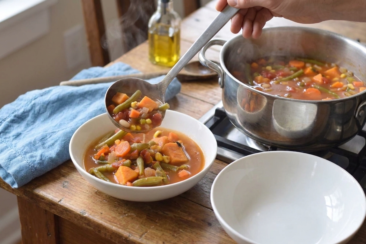 A ladle pouring hot garden vegetable soup from a pot into two bowls on a kitchen counter