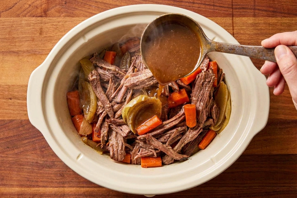 A ladle pouring thick brown gravy over shredded pot roast inside a slow cooker