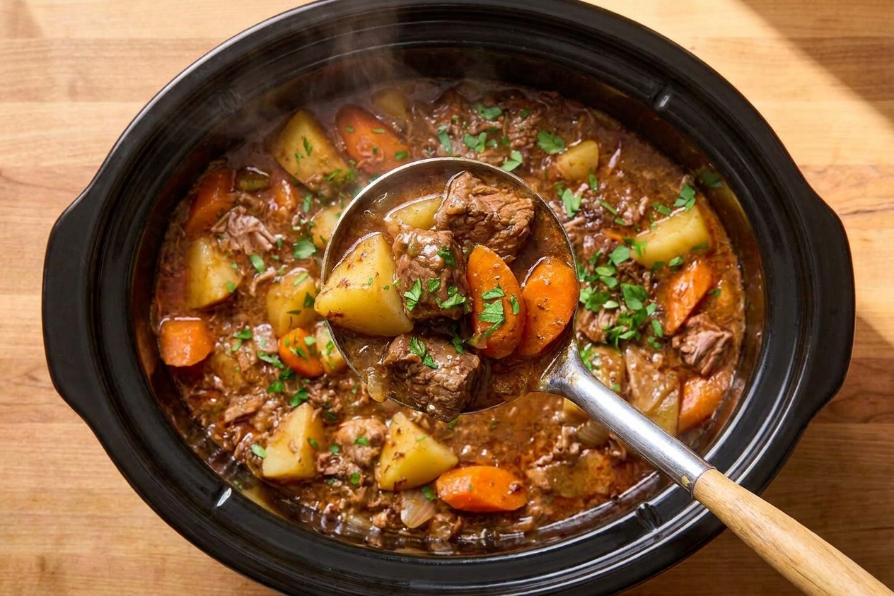 A ladle scooping thick beef and vegetable stew with visible chunks of beef, potatoes, and carrots