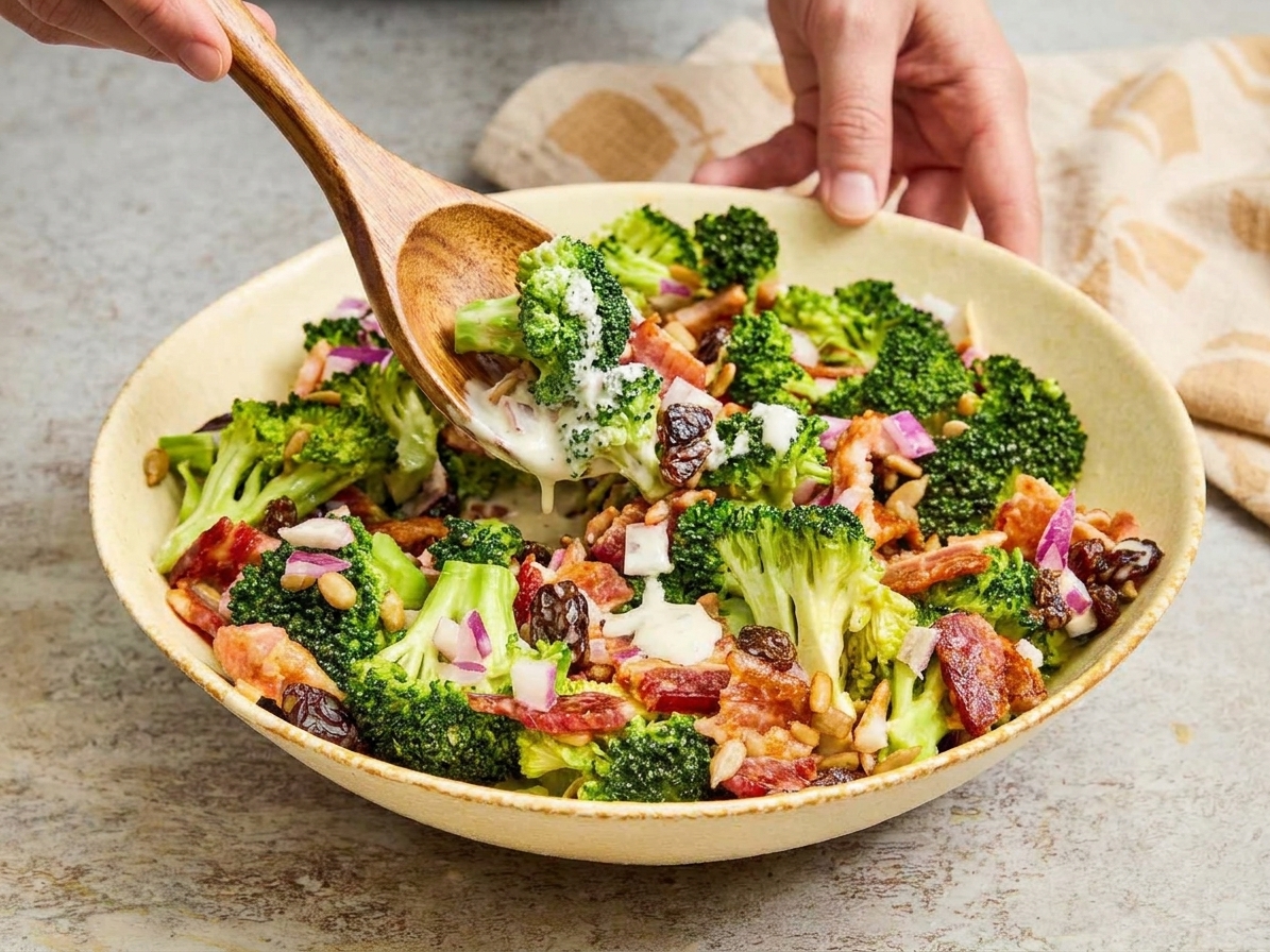 A large bowl of broccoli salad being tossed with a spoon, creamy dressing coating broccoli, bacon, and cranberries
