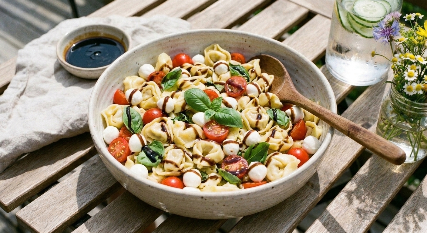 A large bowl of caprese tortellini salad with mozzarella pearls, cherry tomatoes, basil, and balsamic glaze
