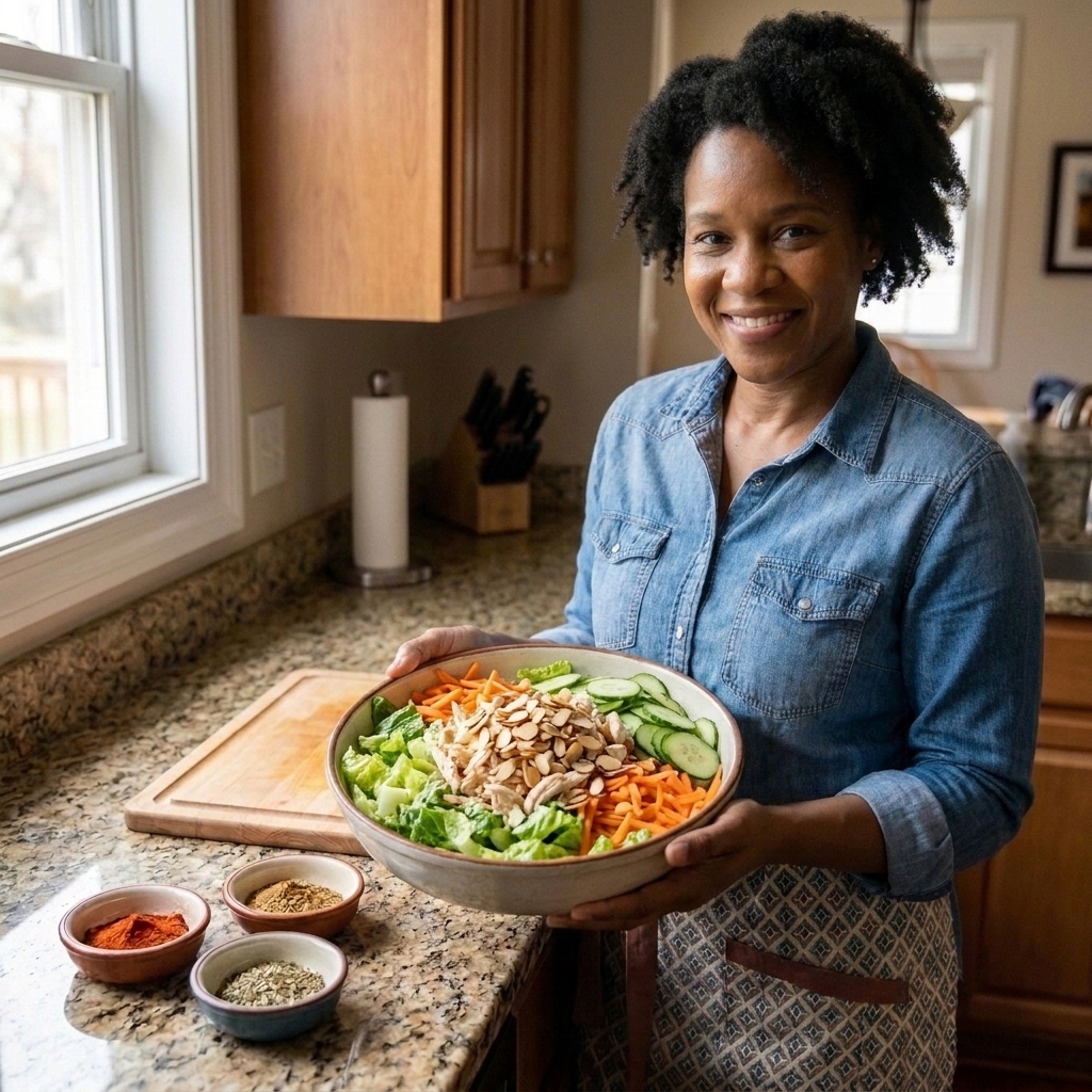 A large bowl of chopped salad with sliced chicken, cucumbers, shredded carrots, and toasted nuts on top