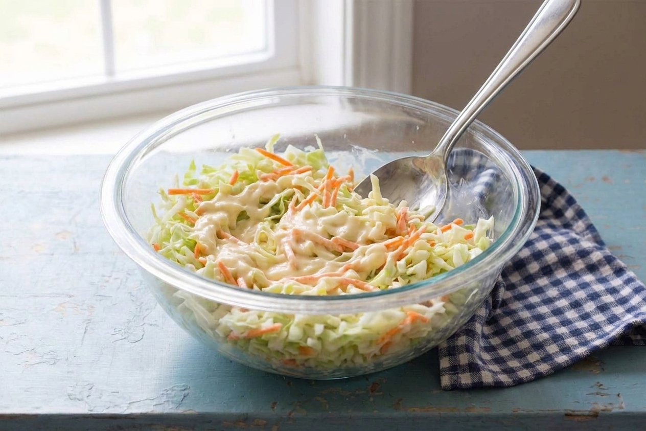 A large bowl of finely chopped cabbage and carrots being mixed with creamy dressing using a big spoon