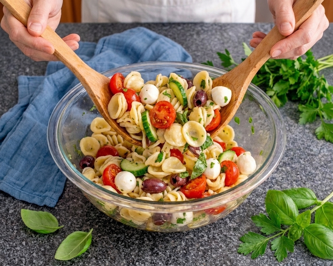 A large bowl of fresh pasta salad being tossed with tomatoes, cucumber, olives, mozzarella, and basil