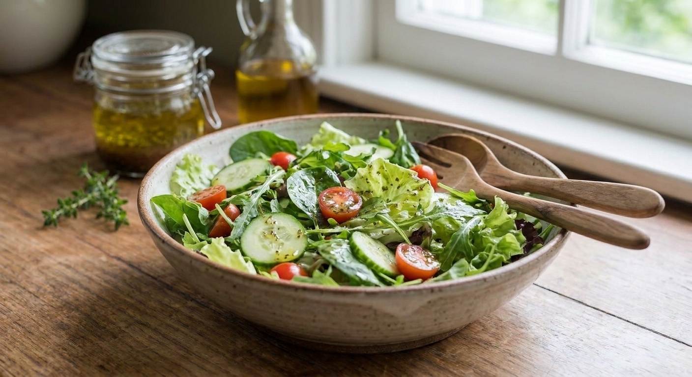 A large bowl of mixed greens with sliced cucumber and cherry tomatoes, lightly glossy from freshly tossed dressing