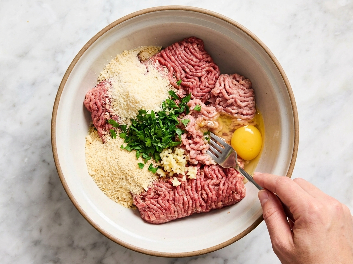A large mixing bowl with ground meats, soaked breadcrumbs, parmesan, parsley, garlic, and egg being gently mixed with a fork