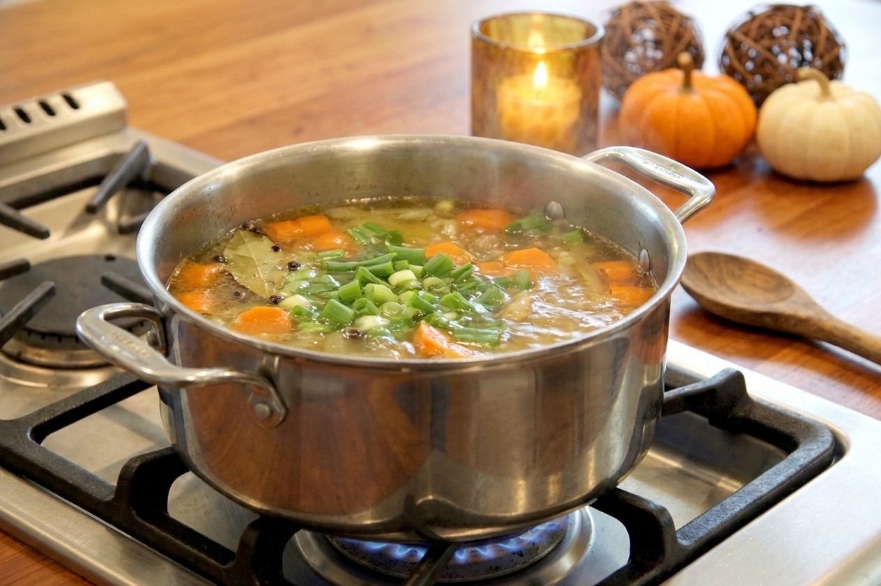 A large pot of simmering broth on a stovetop with carrot pieces and scallion greens visible near the surface