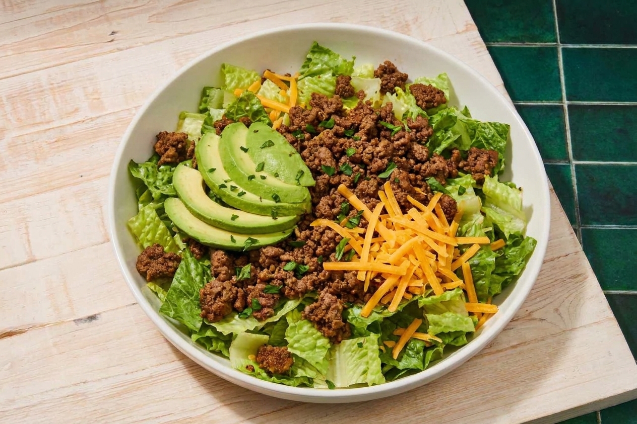 A large salad bowl with seasoned ground beef, avocado slices, cheddar, and romaine lettuce