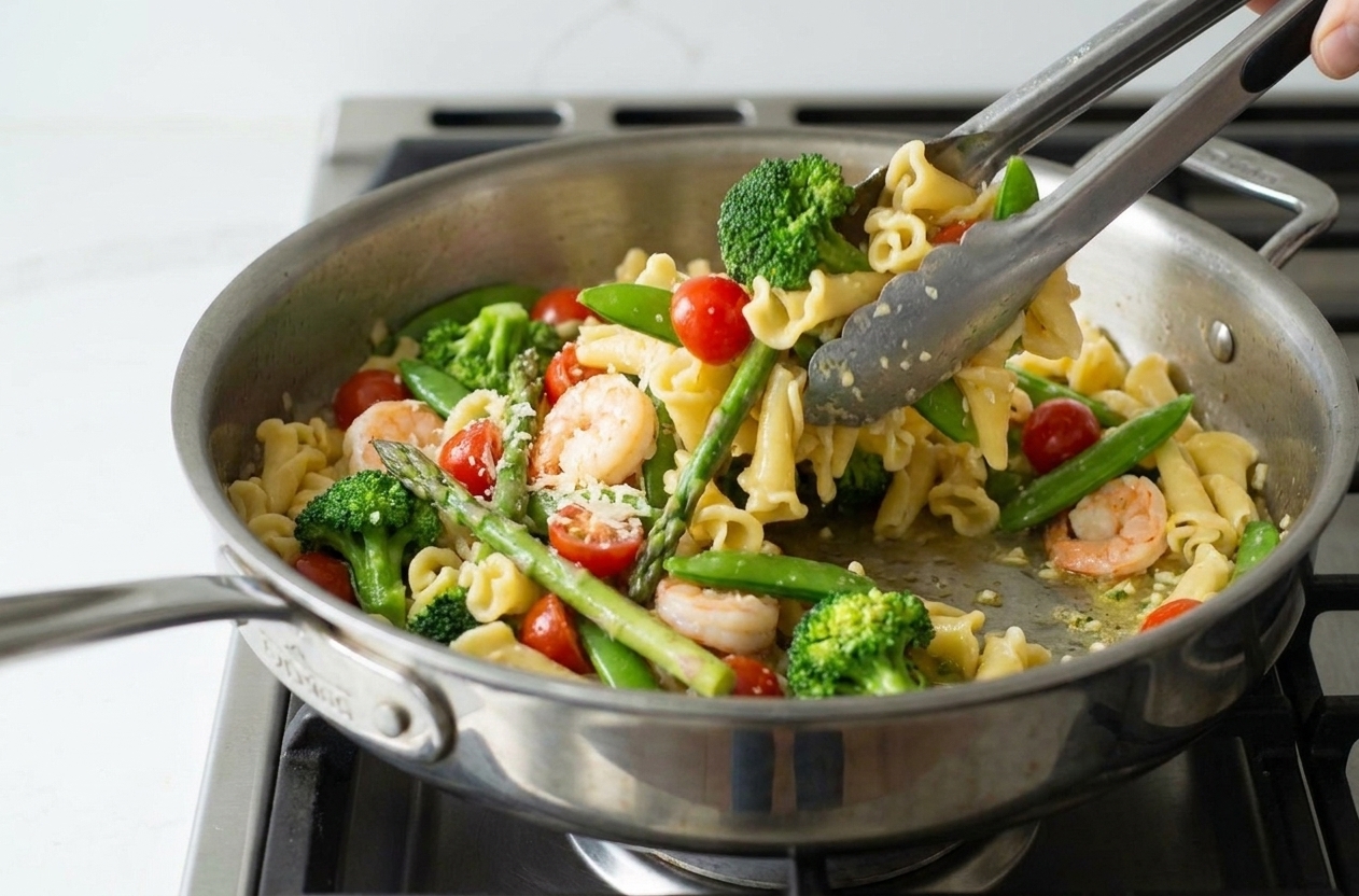 A large skillet with pasta primavera being tossed with tongs, showing colorful vegetables and a light glossy sauce