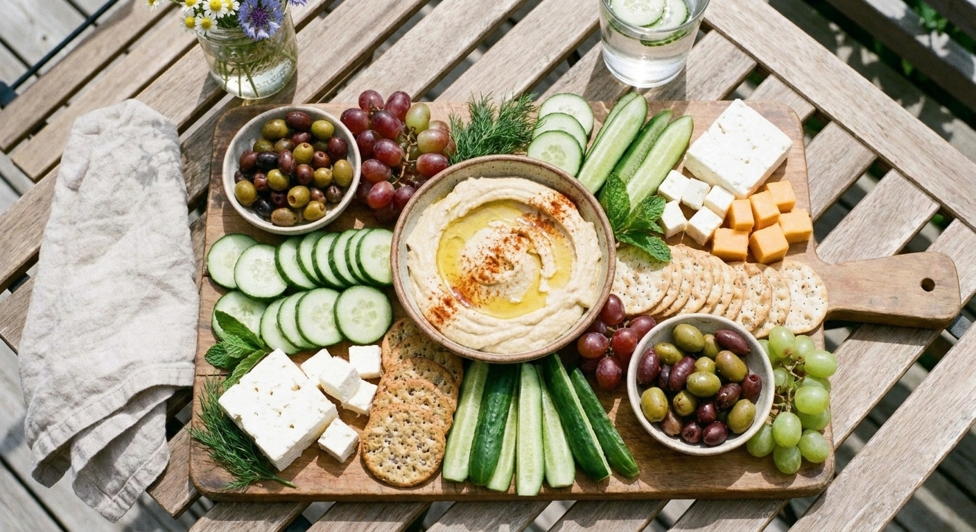 A large snack plate with sliced cucumbers, hummus, olives, cheese, crackers, and grapes arranged on a wooden board