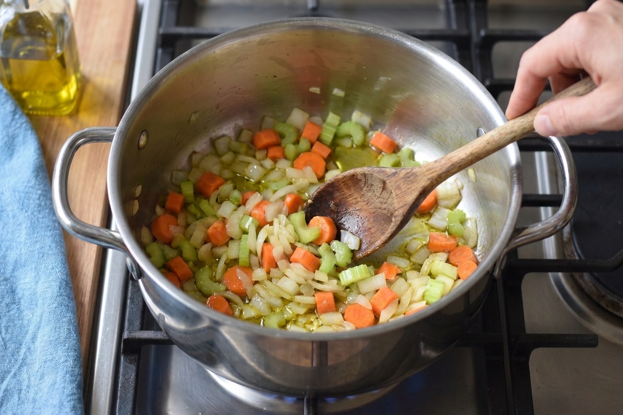 A large soup pot on a stove with onions, carrots, and celery sautéing in olive oil, a wooden spoon stirring