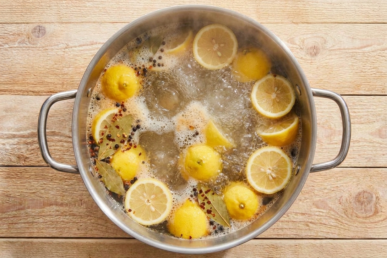 A large stockpot of water at a rolling boil with visible lemon halves and spices swirling near the surface