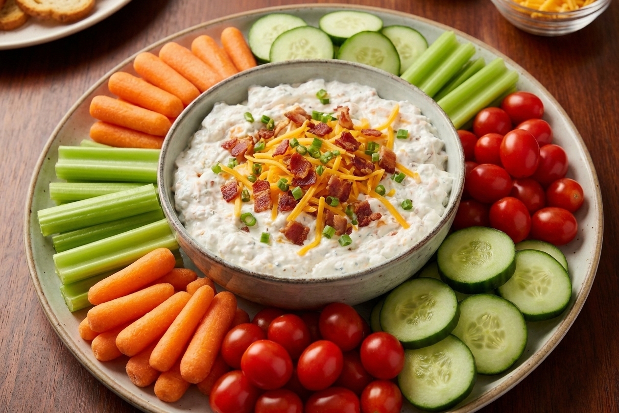 A large veggie platter with carrots, celery, cucumbers, and cherry tomatoes arranged around a bowl of ranch dip