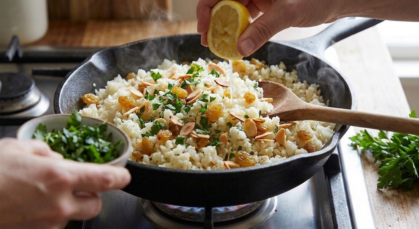 A lemon being squeezed over a skillet of cooked cauliflower rice while chopped herbs are scattered on top