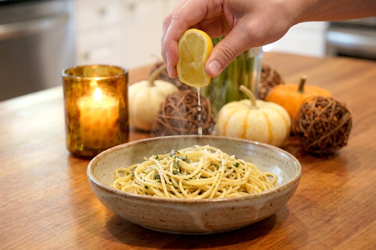A lemon wedge being squeezed over a bowl of pasta on a kitchen counter, with steam rising