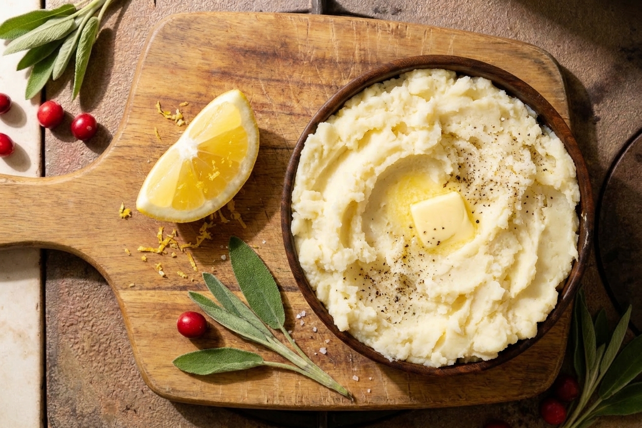 A lemon wedge on a cutting board beside a small bowl of mashed potatoes ready to be seasoned