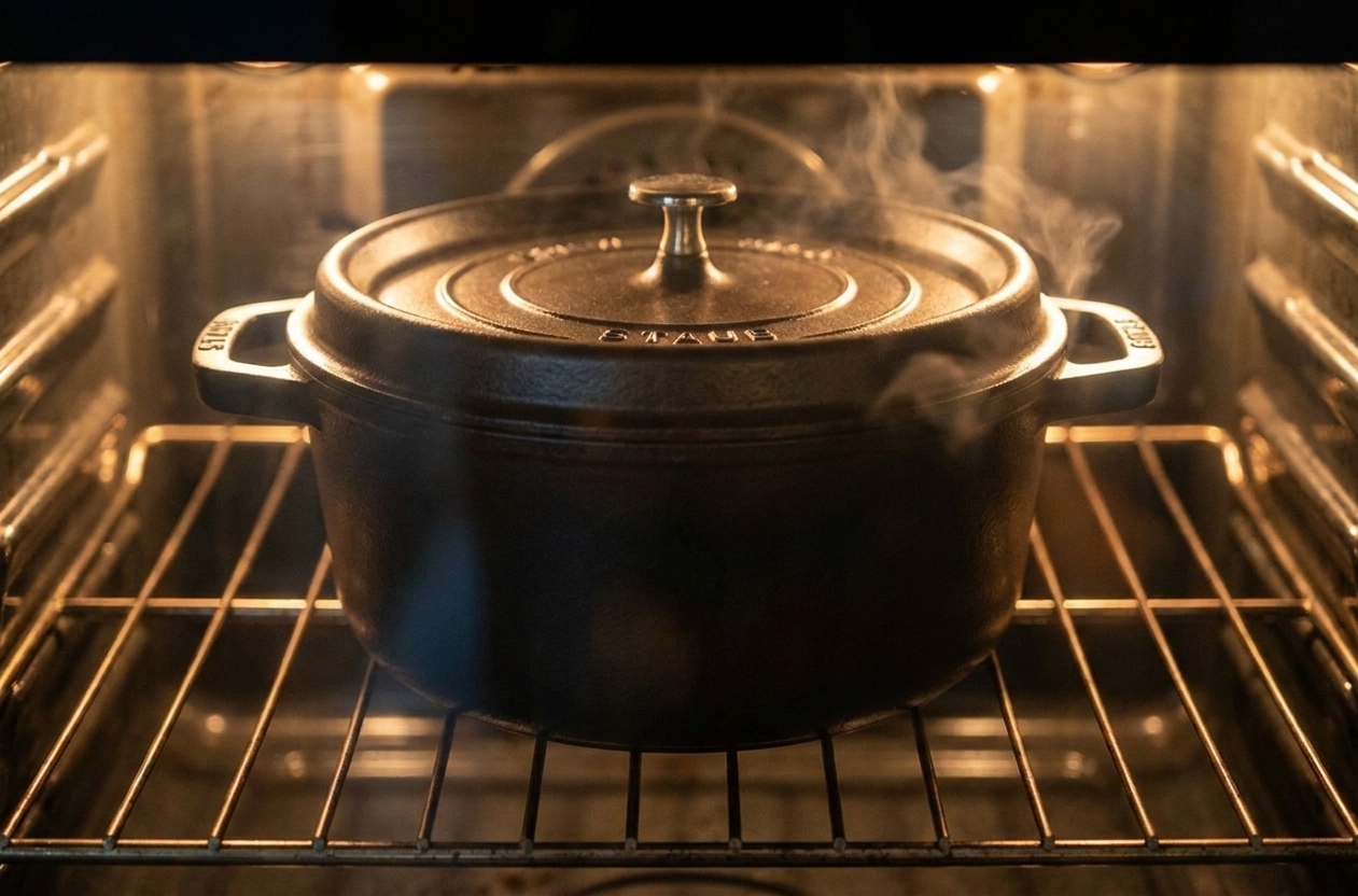 A lidded Dutch oven set up for braising short ribs in the oven
