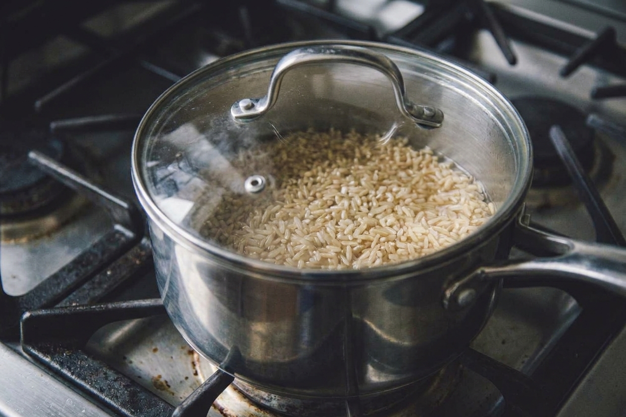 A lidded saucepan on a stovetop with brown rice simmering gently, steam just escaping at the edge of the lid