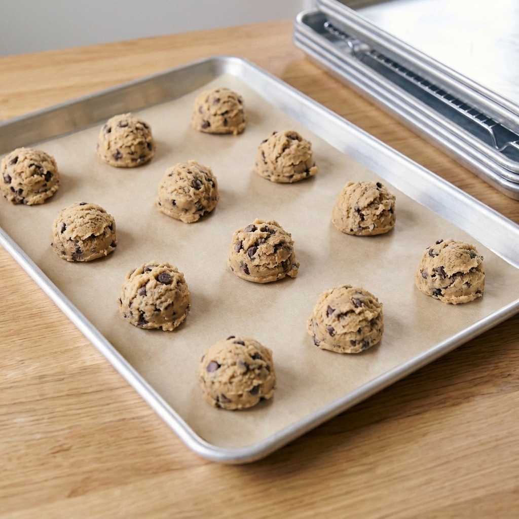 A light-colored aluminum half-sheet pan holding evenly spaced cookie dough scoops ready for baking