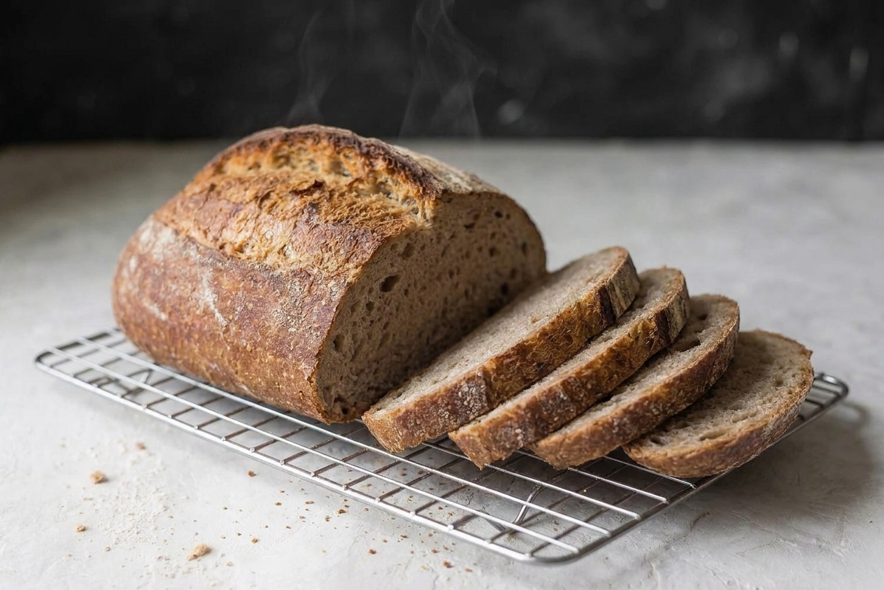 A loaf of wheat bread cooling on a wire rack with several even slices showing a tender, creamy crumb