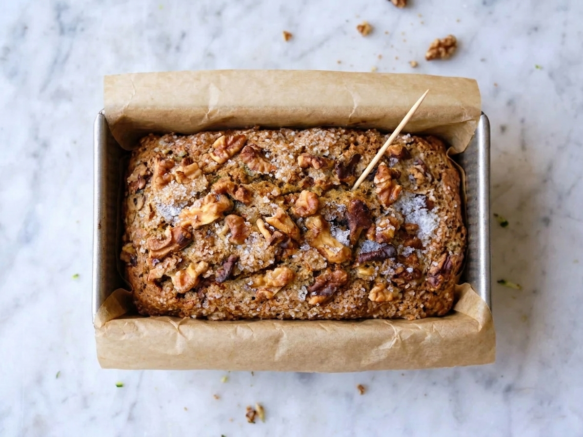 A loaf of zucchini bread in a pan with a toothpick inserted into the center to check for doneness