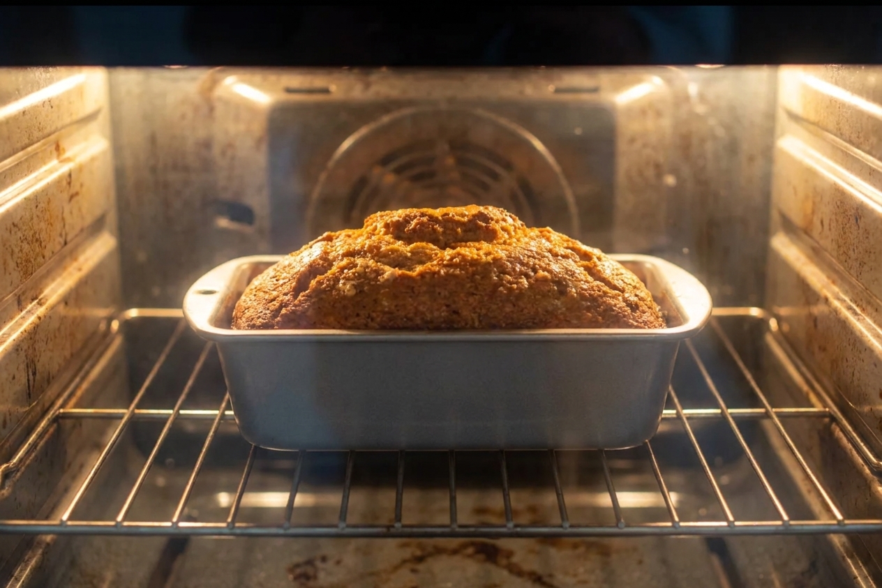 A loaf pan of banana bread baking on the center rack of an oven with the loaf domed and golden