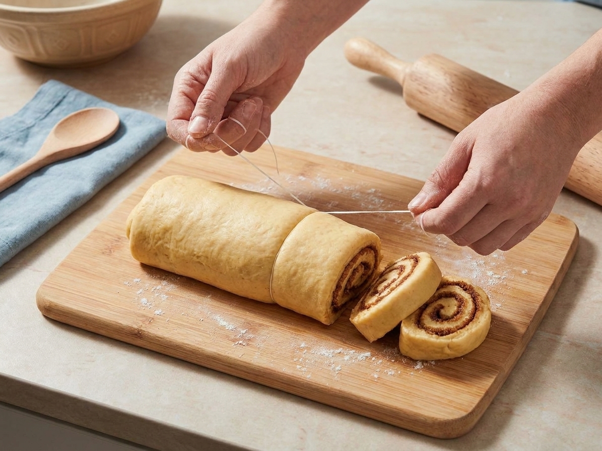 A log of cinnamon roll dough being sliced with unflavored dental floss on a cutting board