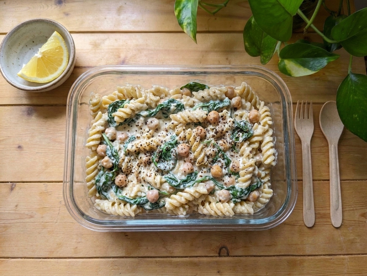 A lunch container filled with creamy spinach ricotta pasta and chickpeas, topped with black pepper