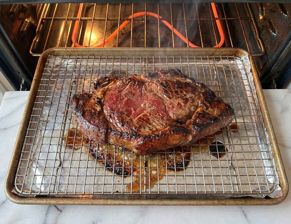 A marinated London broil cooking on a wire rack set over a sheet pan under an oven broiler, with browned edges developing