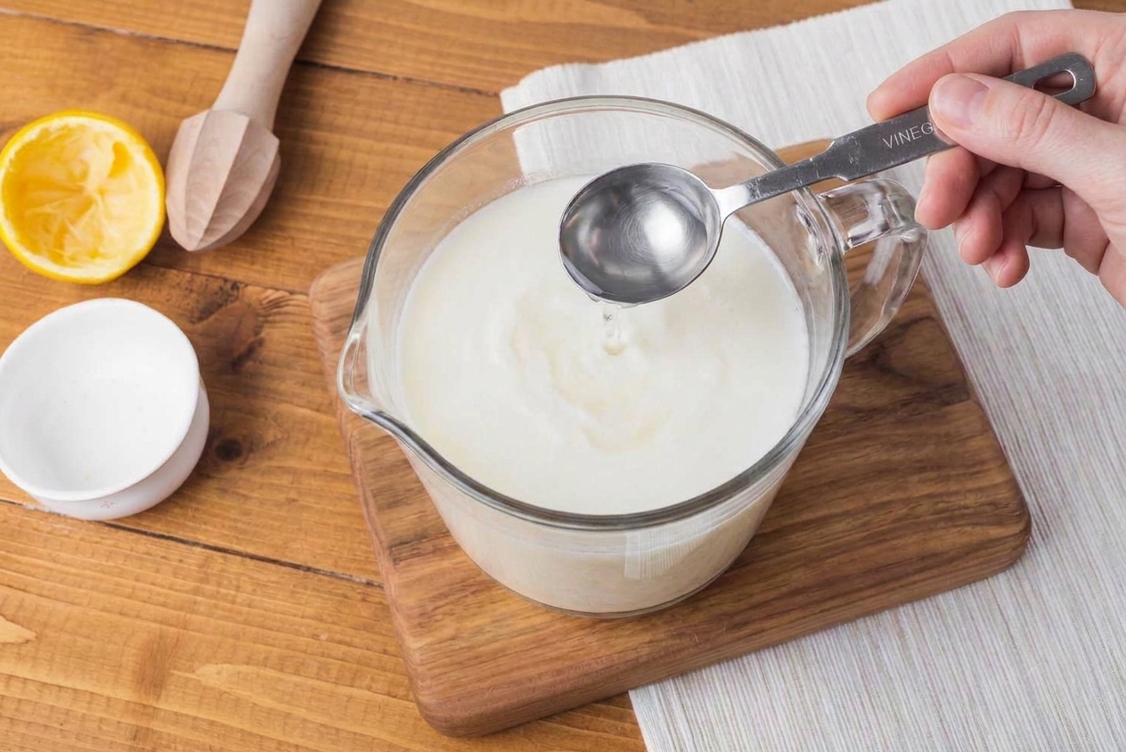 A measuring cup of oat milk with a tablespoon of vinegar being added on a kitchen counter, set up for dairy-free baking