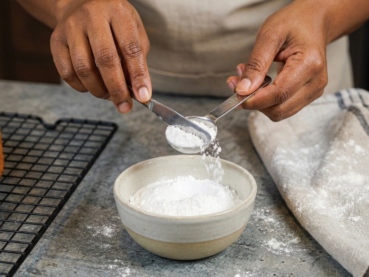 A measuring spoon leveling baking powder over a small bowl on a kitchen counter