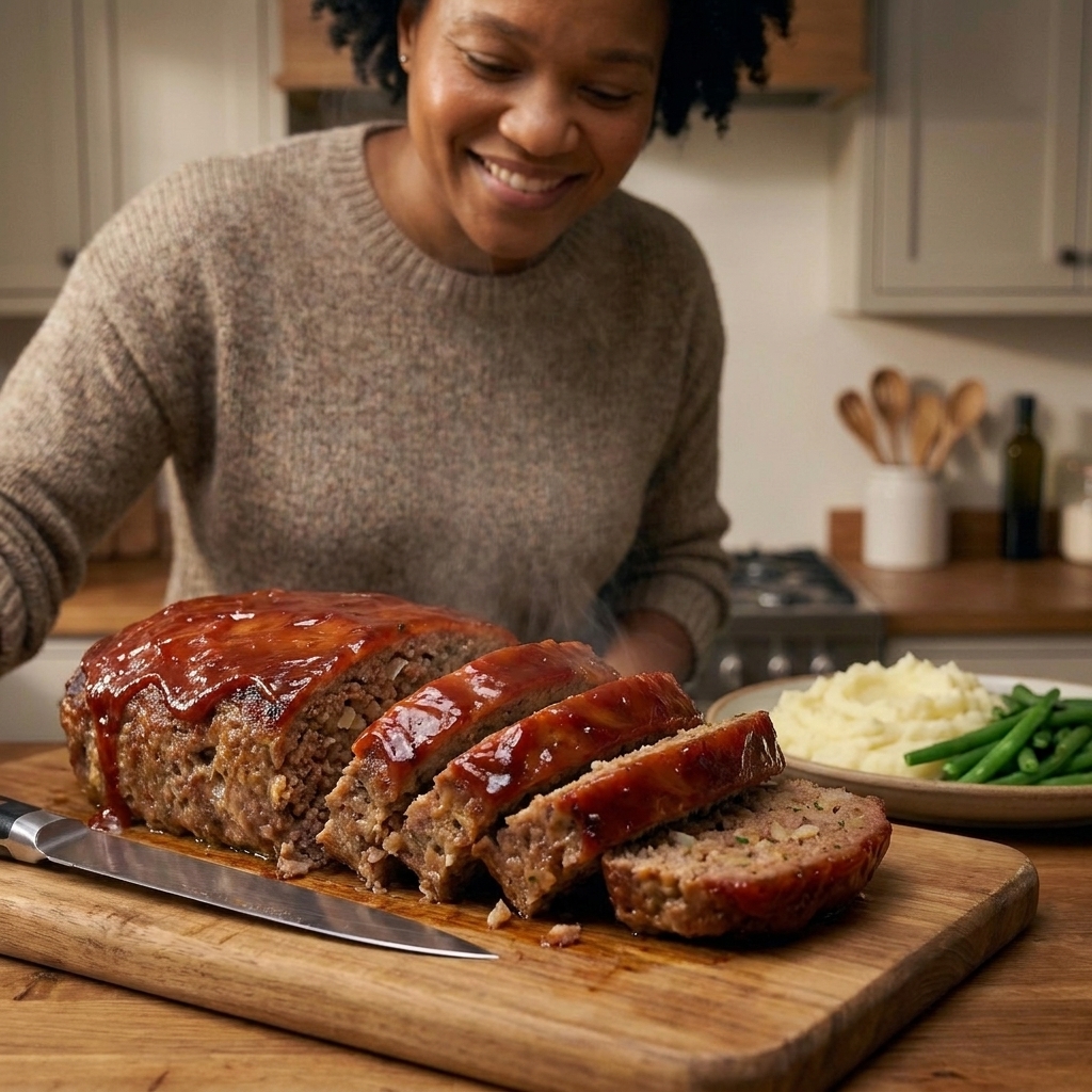 A meatloaf sliced into thick pieces on a wooden cutting board, showing a moist interior with a shiny glaze on top