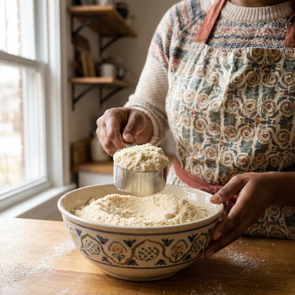 A metal measuring cup scooping fine almond flour from a ceramic bowl on a kitchen counter