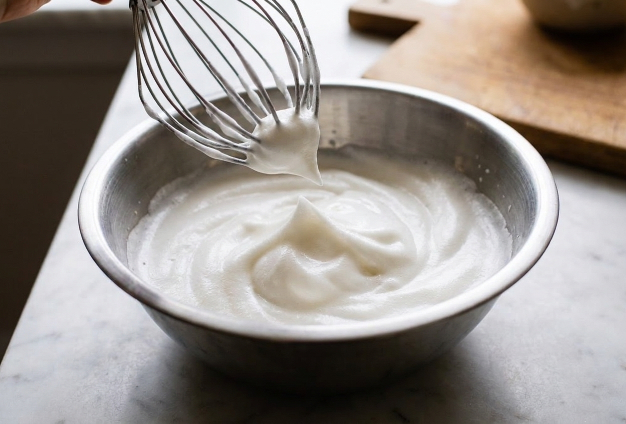 A metal mixing bowl of aquafaba whipped into glossy soft peaks with a whisk attachment hovering above