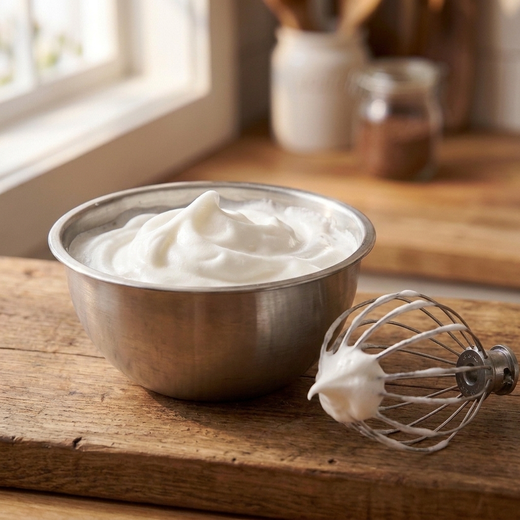 A metal mixing bowl of whipped aquafaba forming soft peaks with a whisk attachment nearby on a kitchen counter