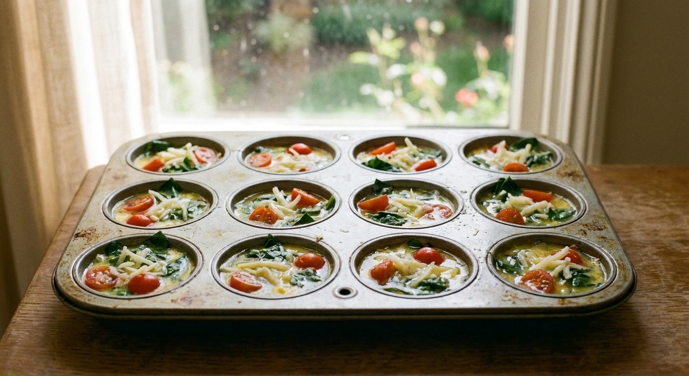 A metal muffin pan filled with unbaked egg muffin mixture dotted with vegetables and cheese, ready to go into the oven