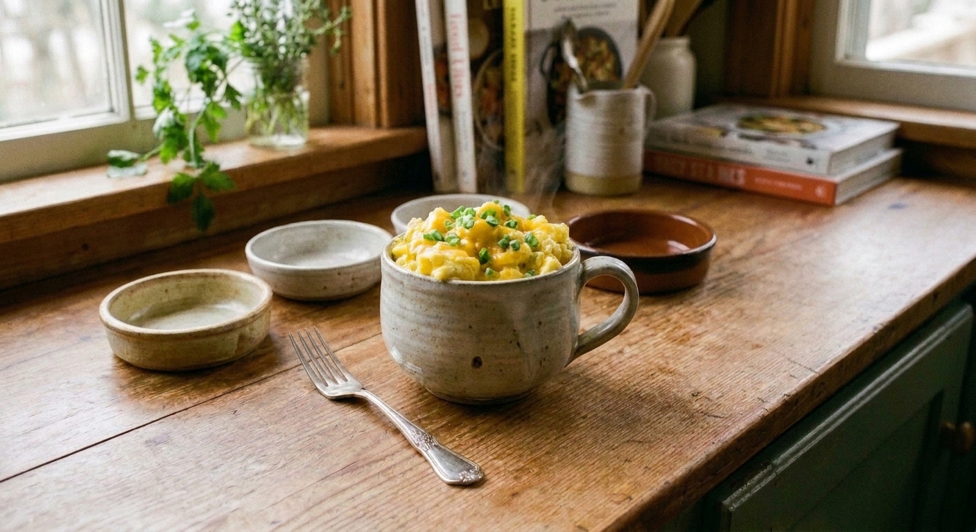A microwave-safe mug filled with fluffy egg scramble topped with melted cheese and green onions on a kitchen counter