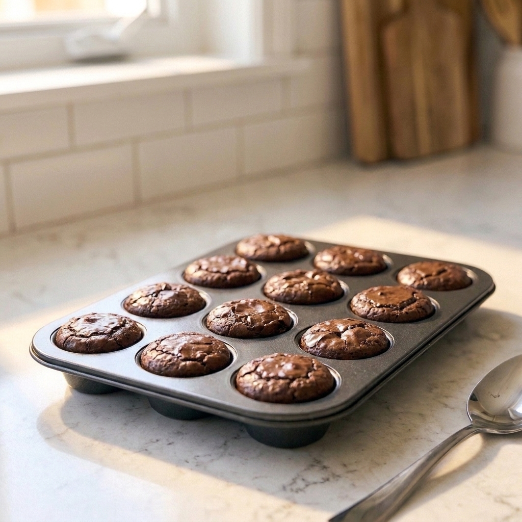 A mini muffin pan filled with small fudgy brownie bites with slightly cracked tops