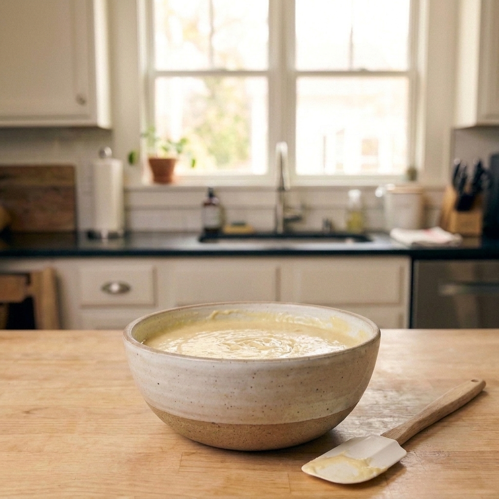 A mixing bowl of pale batter resting on the counter with a spatula beside it