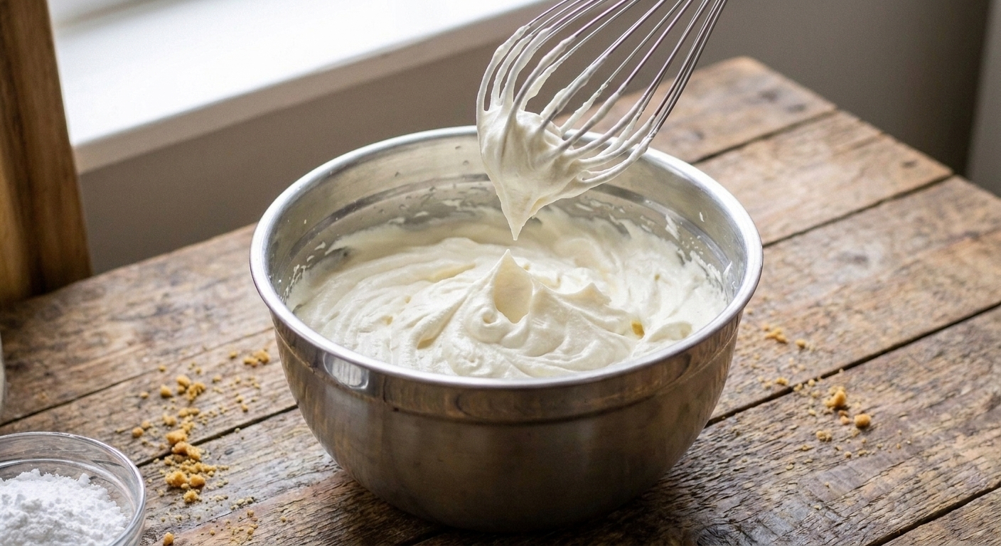 A mixing bowl of whipped cream at medium-stiff peaks with a whisk lifted above the bowl