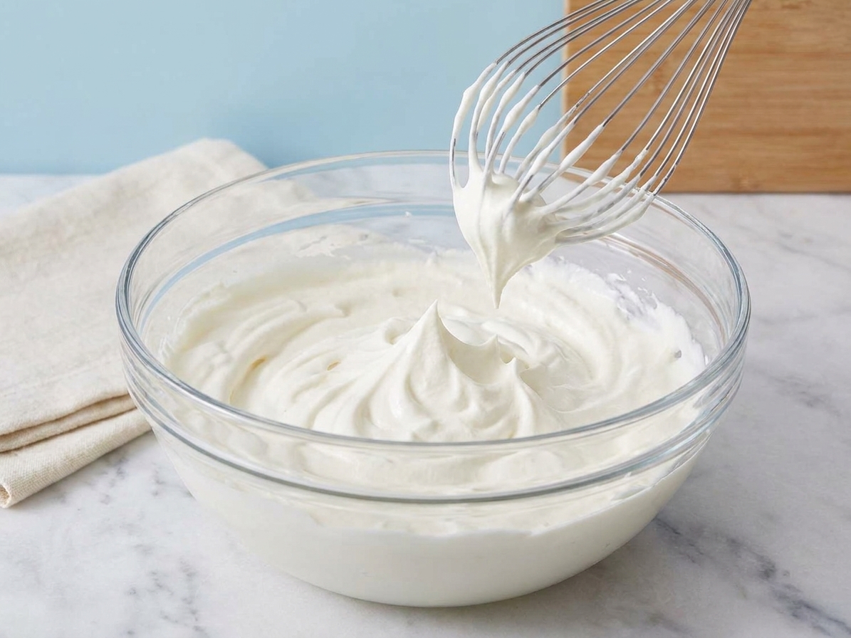A mixing bowl of whipped cream holding stiff peaks with a whisk lifted above the bowl