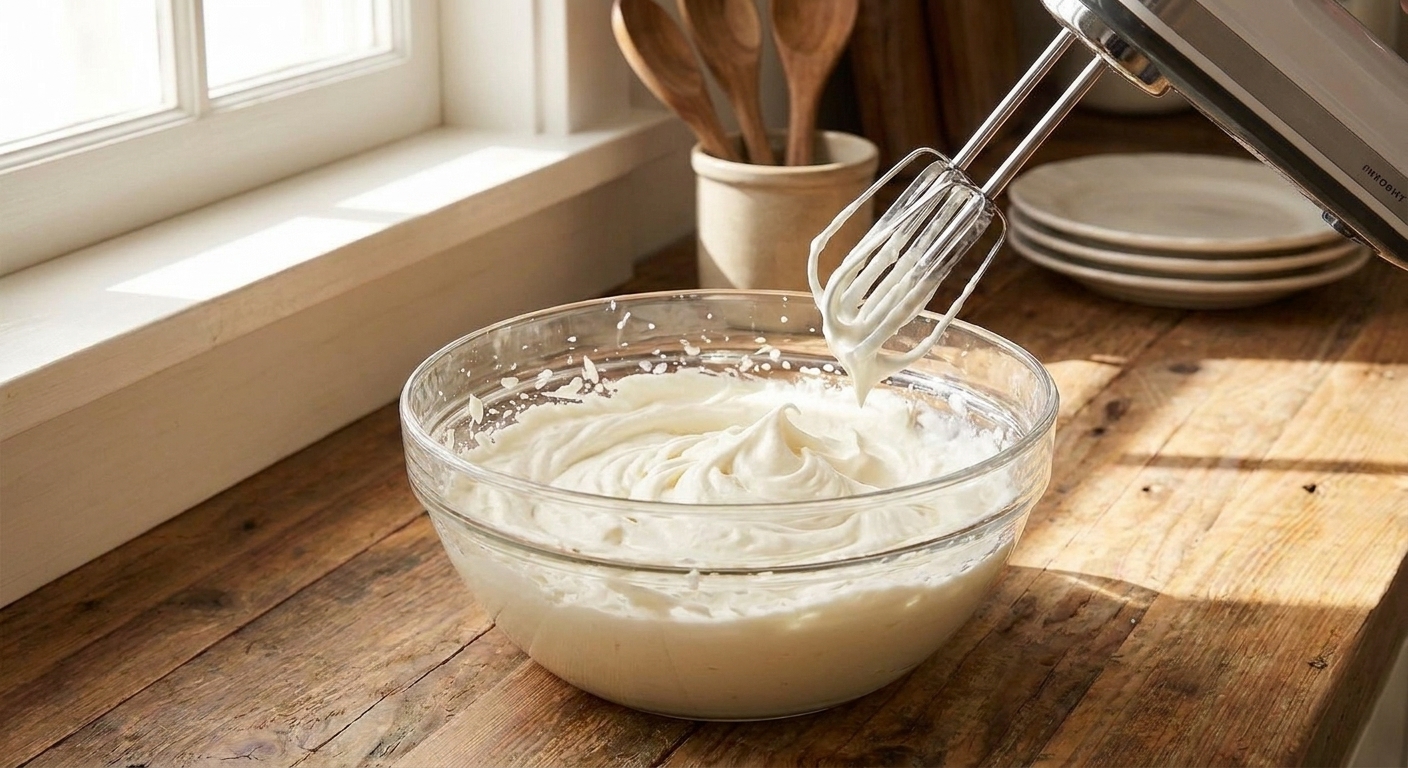 A mixing bowl with cream cheese and whipped cream being beaten to medium peaks with a hand mixer
